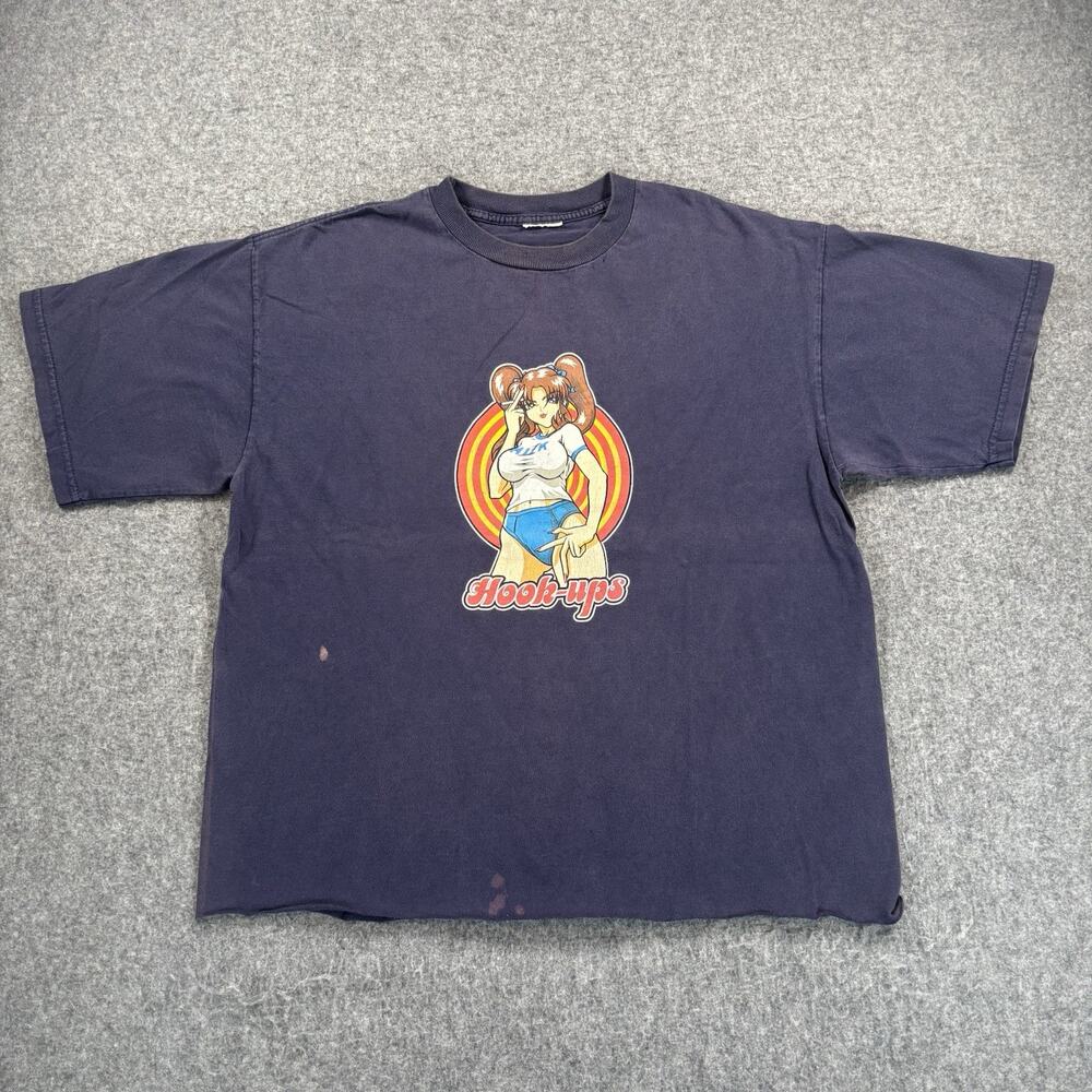 Vintage Hook-Ups Skateboards Milk Girl Anime T-Shirt Large Faded Navy Cut Hem